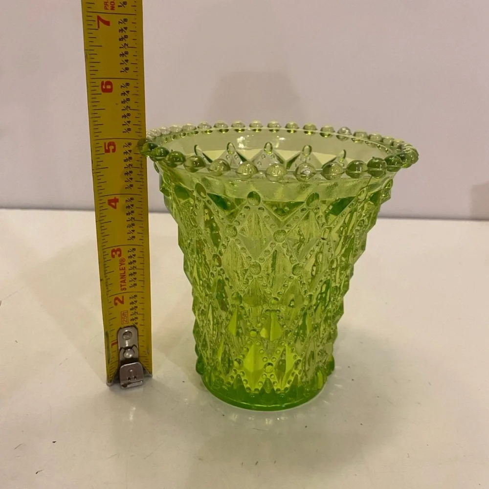 Vintage Art Glass Vase Beaded Diamond Design Pattern Green